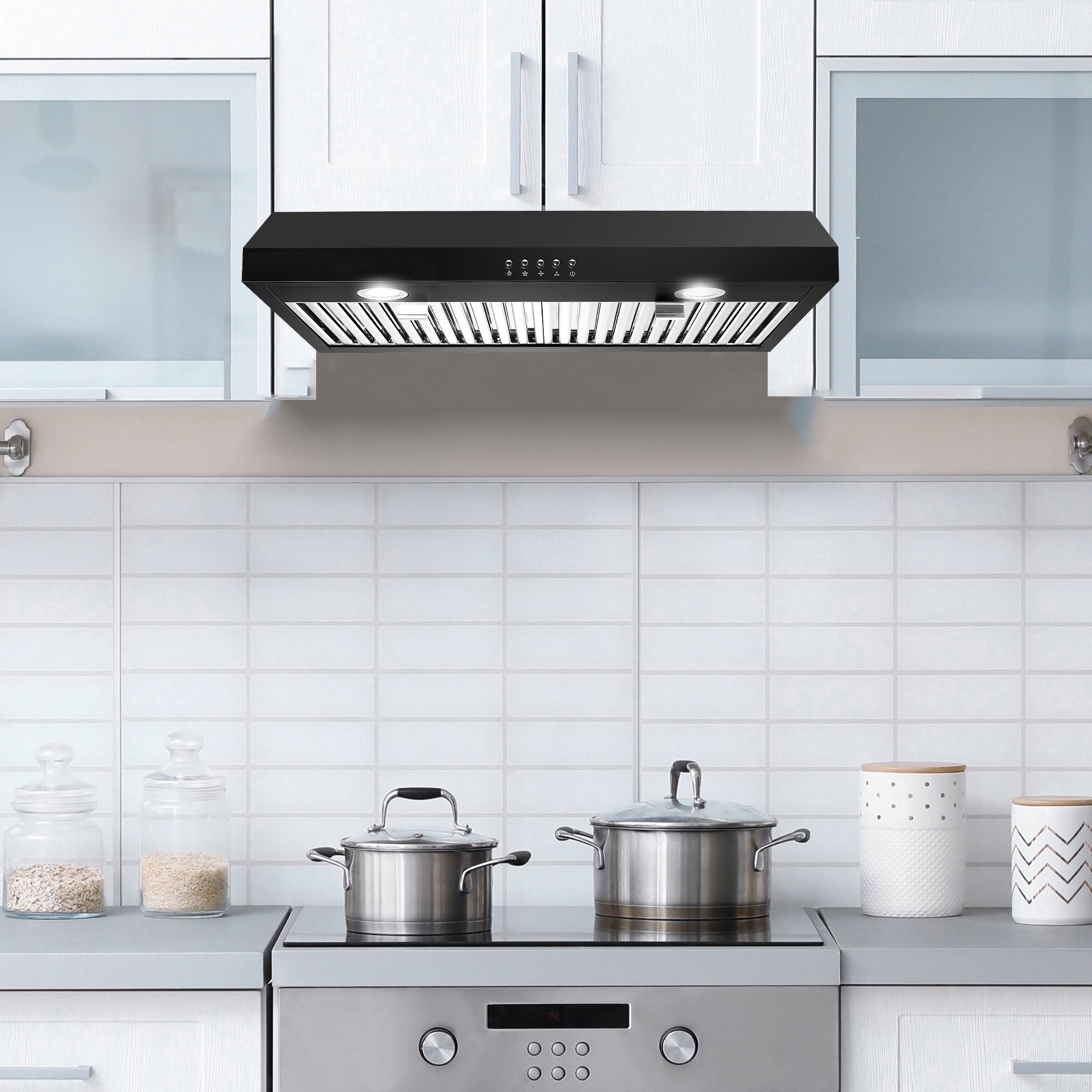 30-Inch Under-Cabinet Range Hood, 600 CFM Stainless Steel Kitchen Exhaust Fan, 3-Way Exhaust System, 2 LED Lights, Button/Touch Control