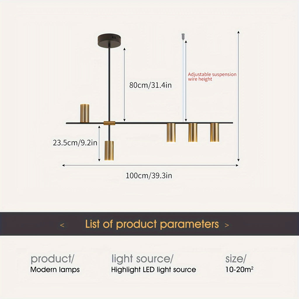 Adjustable dimmable linear pendant light, with remote control, modern LED pendant light design, polished metal lamp head, black and gold hanging light, suitable for kitchen island, dining room and living room