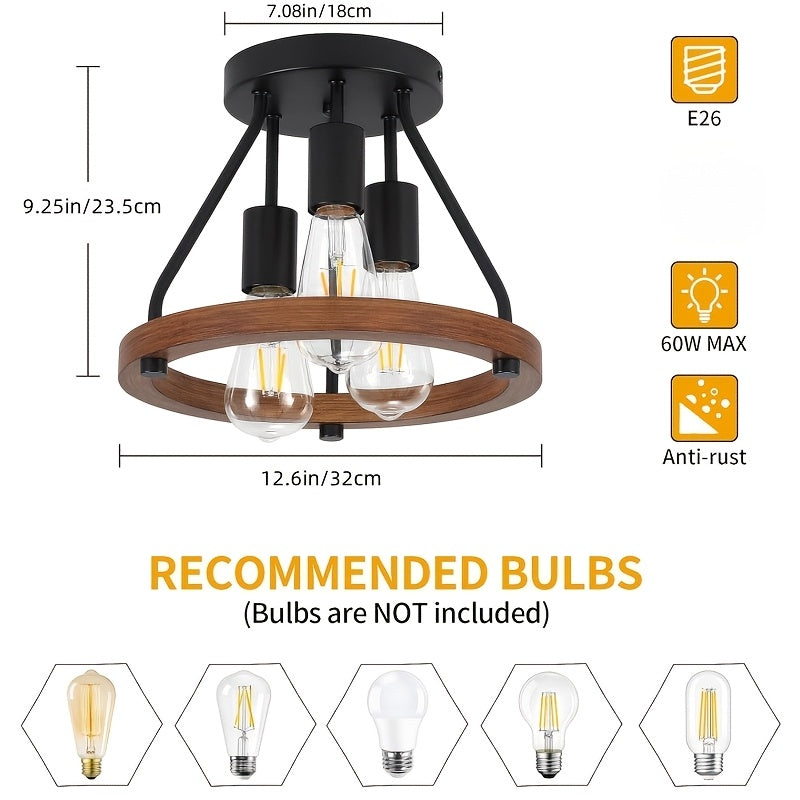 3-Light Chandelier Farmhouse Rustic Style | Semi-Flush Mount, Metal Finish, E26 Socket, Warm Glow Atmosphere Lighting, Suitable for Hallway, Bedroom and Kitchen Decor, Bulb Not Included, Modern Farmhouse Light Fixture