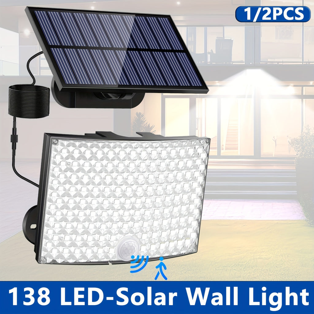 1/2 Pack Outdoor Solar Courtyard Light, with 138 High-Brightness LEDs, Motion Sensor Exterior Wall Light, IP65 Security Light, Wall Light with 16.4FT Cable, Street Light with 3 Lighting Modes, Cool White Light, Perfect for Courtyards and Parks
