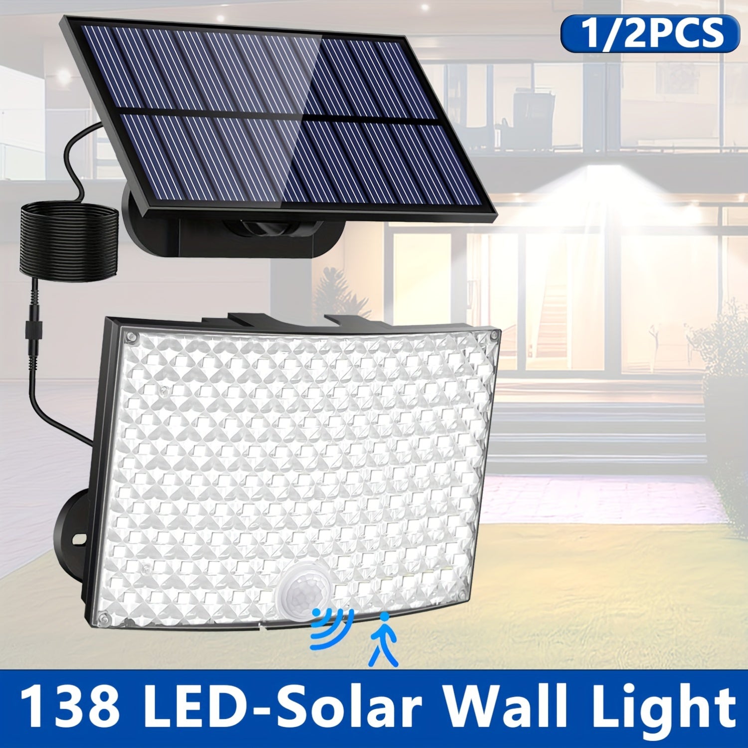 1/2 Pack Outdoor Solar Courtyard Light, with 138 High-Brightness LEDs, Motion Sensor Exterior Wall Light, IP65 Security Light, Wall Light with 16.4FT Cable, Street Light with 3 Lighting Modes, Cool White Light, Perfect for Courtyards and Parks
