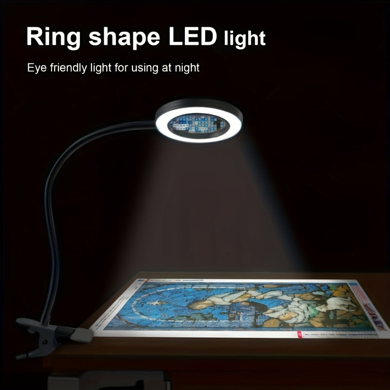 48 LED beads, diamond painting magnifying desk lamp with clip, 50cm adjustable gooseneck fill light, 3 color temperatures (cool white/neutral/warm yellow), 5-7W USB-powered craft light, 2-meter long cord, push-button switch, 9cm large lens