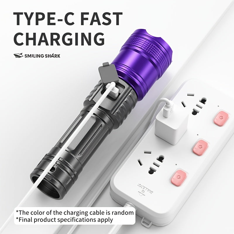 2-Pack Smiling Shark Rechargeable UV Flashlight | Xpe+395nm Purple Light, Retractable Focus Zoomable Flashlight, Detects Hidden Stains & Pet Soils, Lightweight & Portable, Built-in Lithium Battery, Long-Lasting, Ideal for Camping, Work & Travel