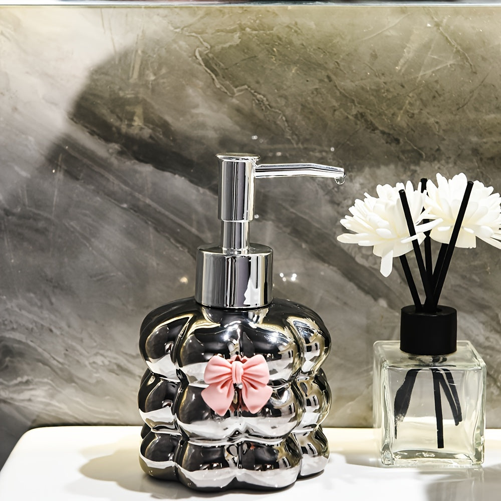 1 Ceramic Flower Design Soap Dispenser - Elegant Countertop Lotion & Shampoo Bottle, Refillable for Bathroom, 8.45oz, White with Pink Bow Accent, Perfect for Hand Soap or Body Wash, Bathroom Soap Dispenser