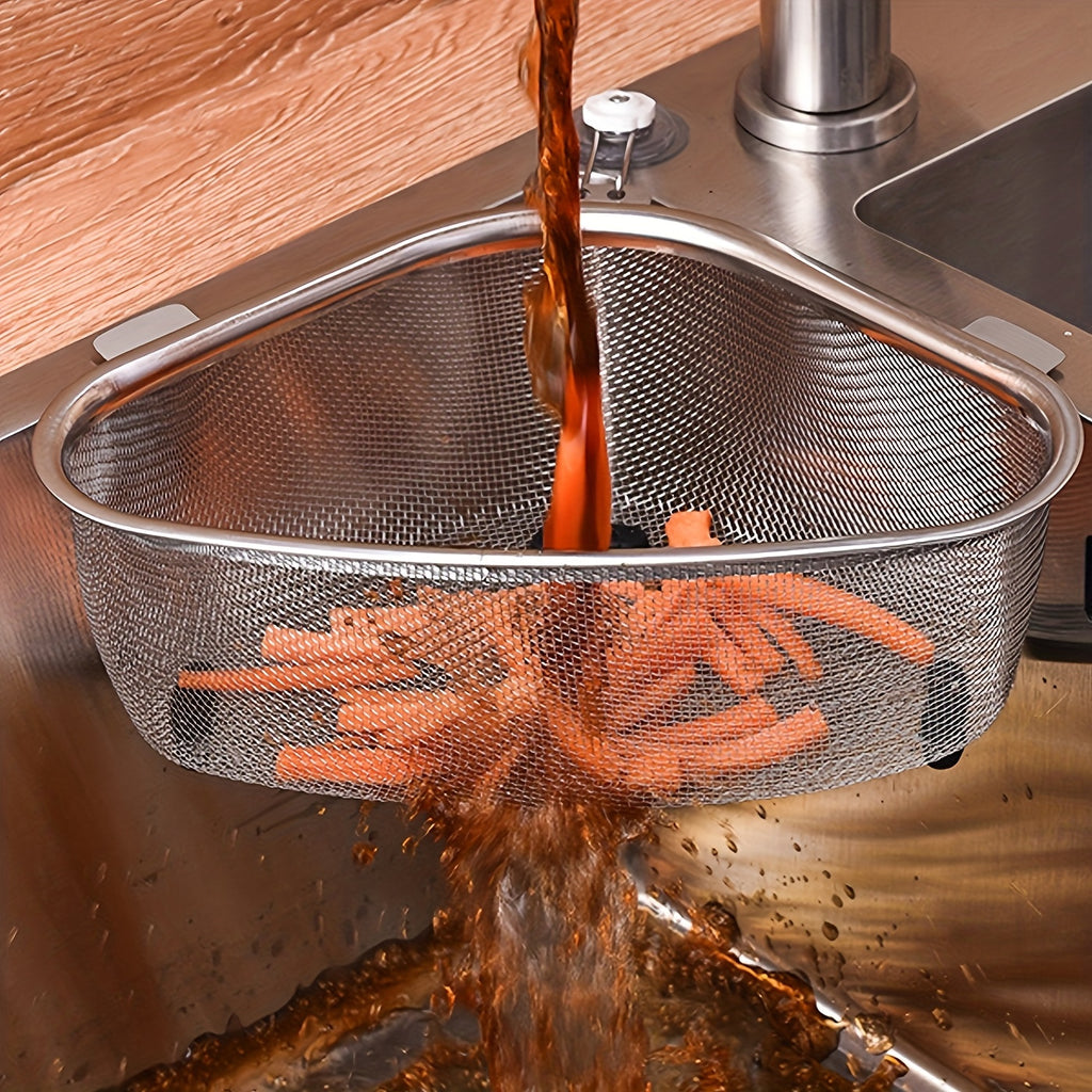 Triangular Stainless Steel Sink Strainer Basket - Removable Food Waste Filter with Mesh Storage Basket, Easy to Clean, for Hanging & Standing in Kitchen, Kitchen Sink Drain Basket