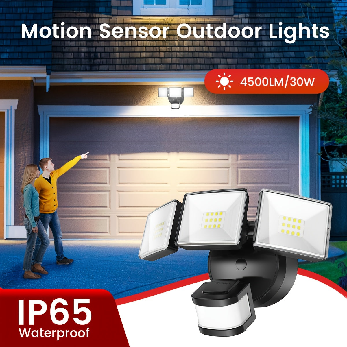 SYVIO Outdoor Flood Light, LED Security Light Coverage Area 4500 sq ft, 4500 Lumens / 30 Watts, IP65 Rating, 240 Degree / 50 ft Detection Range, 3 Modes (Dusk to Dawn), Suitable for Patio Garden, Garage and Backyard FT Area Lighting