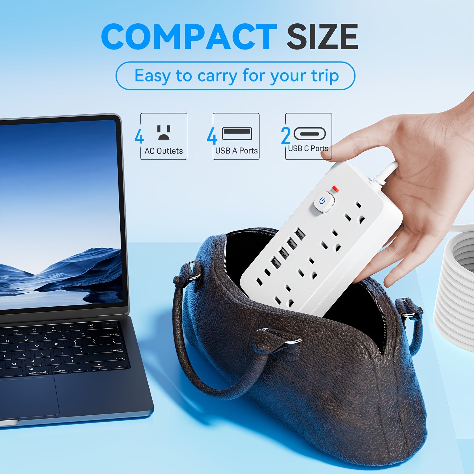 1 Unit of a 10-In-1 Versatile Power Strip Featuring 4 AC Sockets And 6 USB Ports, Available in 5FT Or 10FT Cord Lengths. Its Compact Design Includes Surge Protection And Can Be Mounted on Walls, Making It a Must-Have for Home, Office, Dormitory