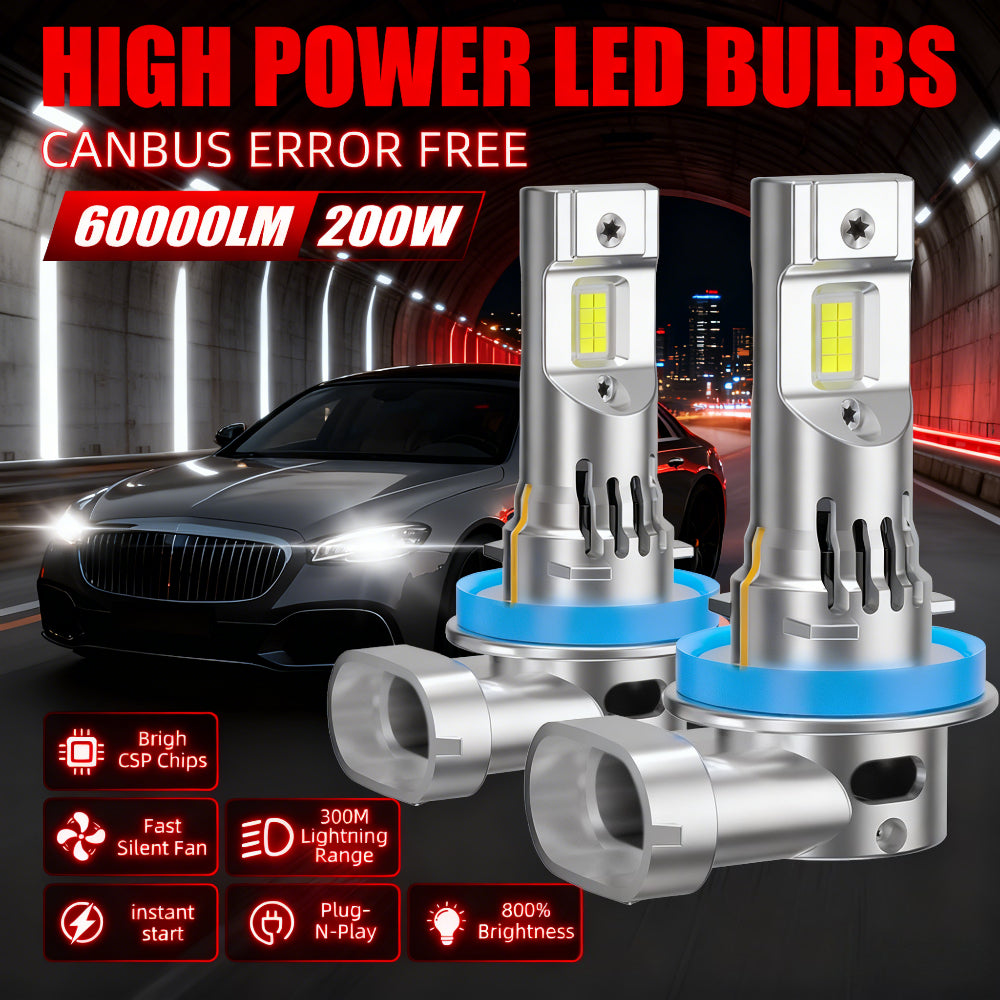 2 High Power CSP Chip LED Car Lights Canbus Error-Free 200W 60000 Lumens High Brightness LED Bulbs, Equipped with Fast Silent Cooling Fan, 300m Stable Illumination Distance, Plug-and-Play, 800% Reliable Brightness