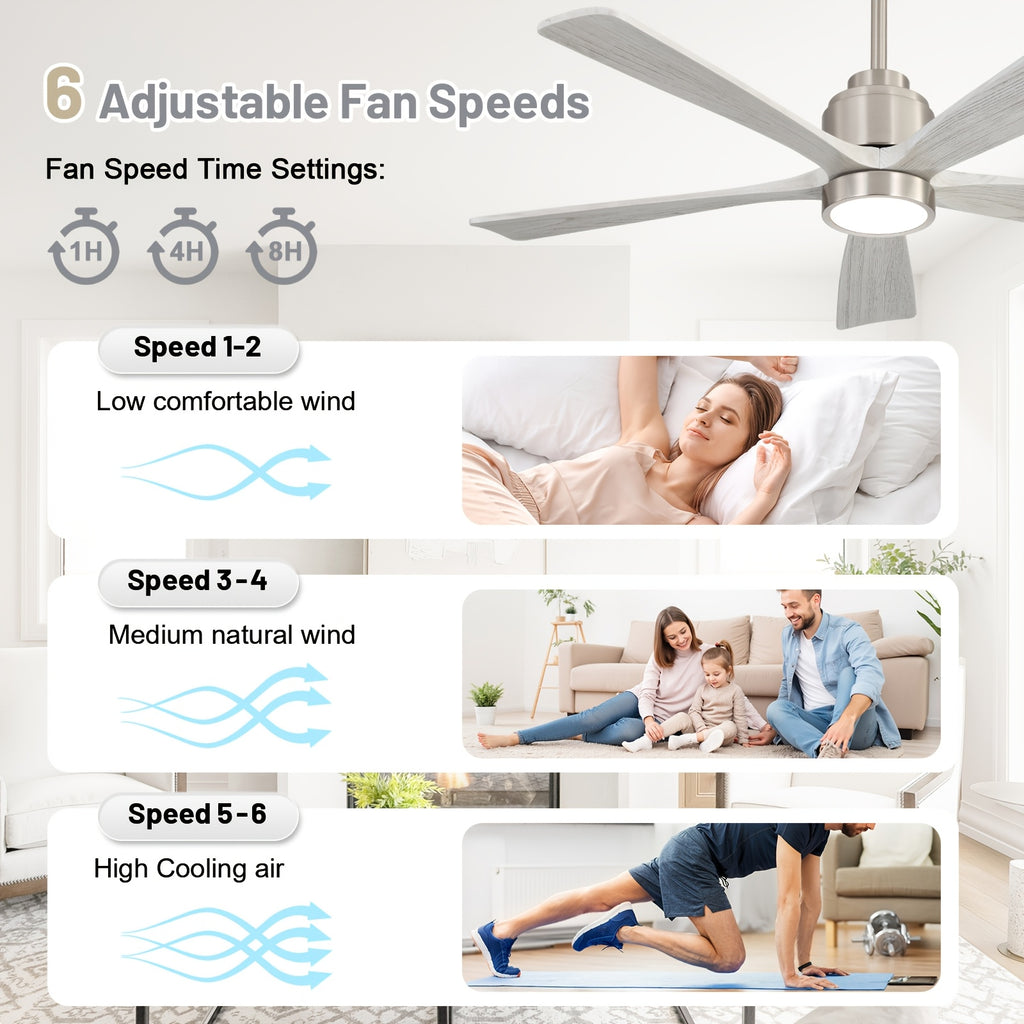 Sofucor 52 Inch Solid Wood Ceiling Fan with Remote & Light, 5/10/24" Downrods, 18W Memory LED Light, Reversible DC Motor, 1/4/8H Timer, 5 Wood Blades, Silent for Home Kitchen Living Room Bedroom