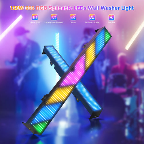 120W 666 LED RGB Wall Washer Light Bar, DJ Party Light Bar Stage Lighting, Supports 3/9/22-Channel DMX Control and Sound-Active Mode, Pixel Strobe Color Changing Light, Wall Washer Light for Church, Club, Live Performance, Wedding