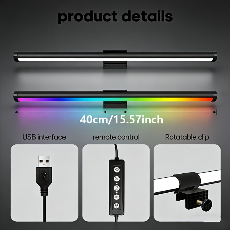 RGBW dual-sided screen light, computer screen ambiance light, indoor lighting tube, desk lamp, three-color adjustable, RGB幻彩, five-button USB wired control, 45-degree adjustable angle, computer light, eye-protection light, reading light