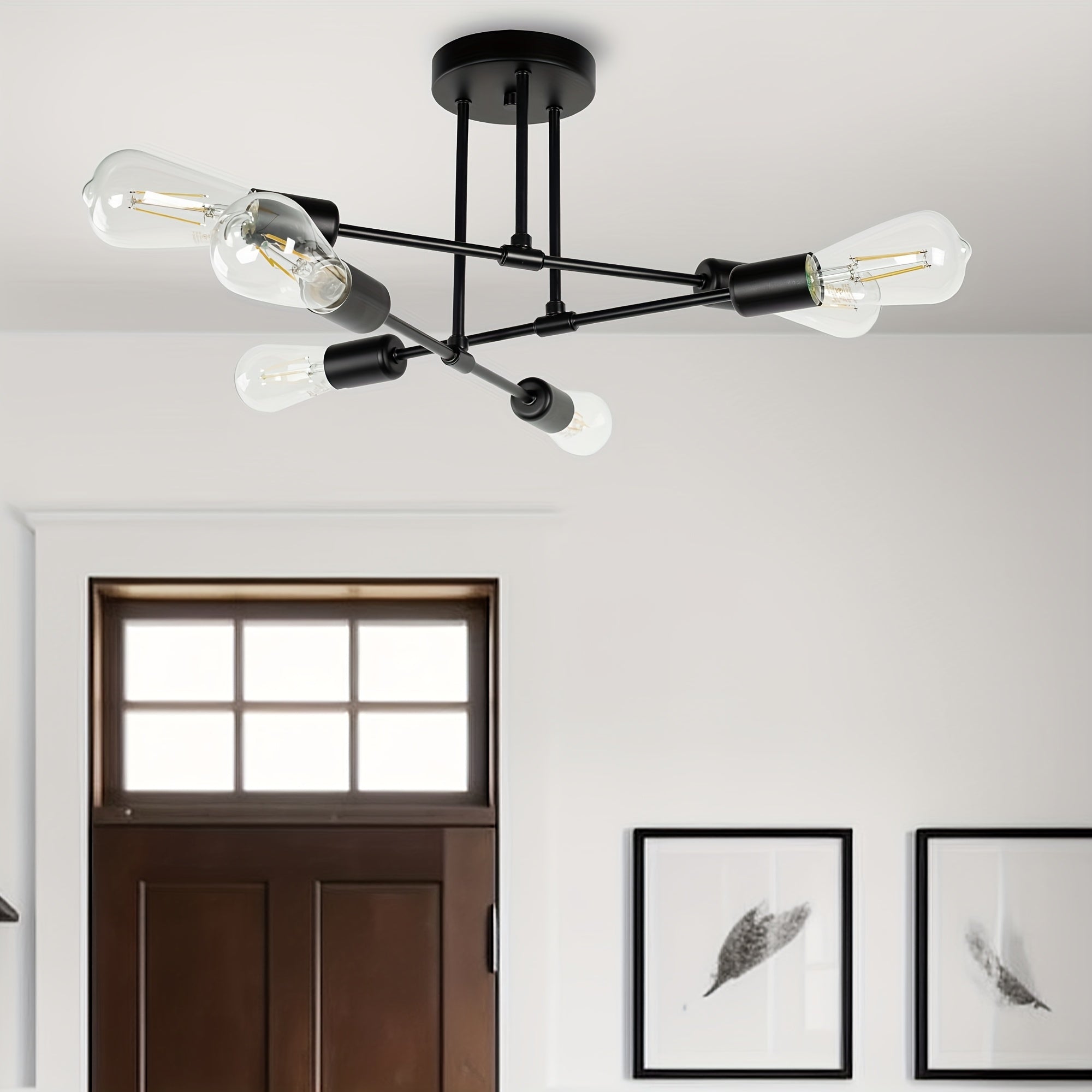 Modern 6-light semi-flush mount pendant light, black metal frame, elegant chandelier for living room, dining room, bedroom, E26 bulb socket, bulb not included