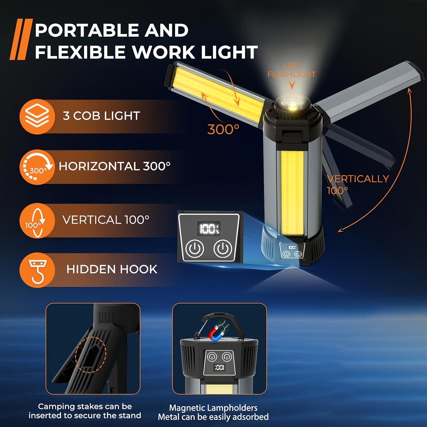 LED work light with tripod, 6000mAh battery, rechargeable flashlight, magnetic base, 10 lighting modes, portable camping light, rotating spotlight, suitable for commercial use, auto repair, garage work