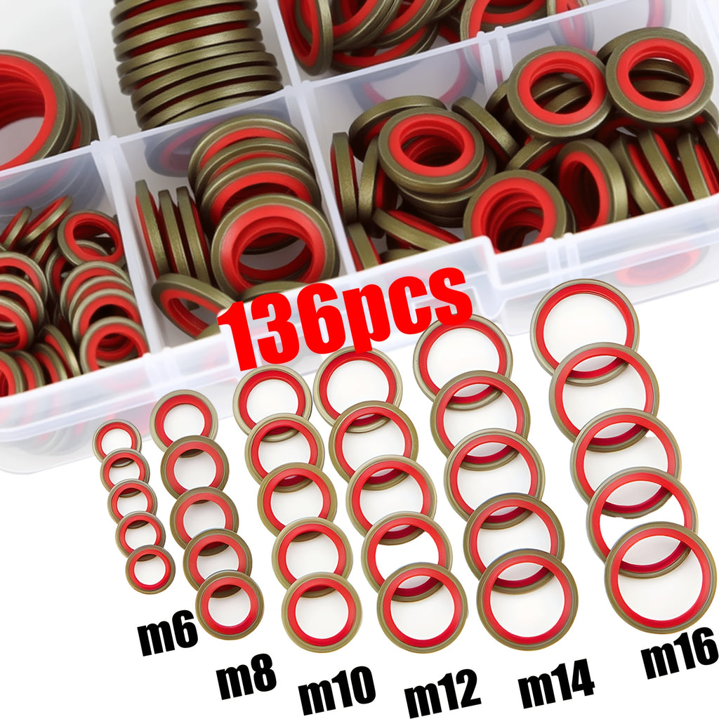 136-Piece Oil Drain Plug Gasket Seal Kit – M6/M8/M10/M12/M14/M16 NBR Rubber Metal Sealing Washer, Leak-Proof Drain Plug Seal Replacement, for Car/Truck/Hydraulic Systems, Heavy-Duty Gasket Set with Storage Case, Truck Maintenance