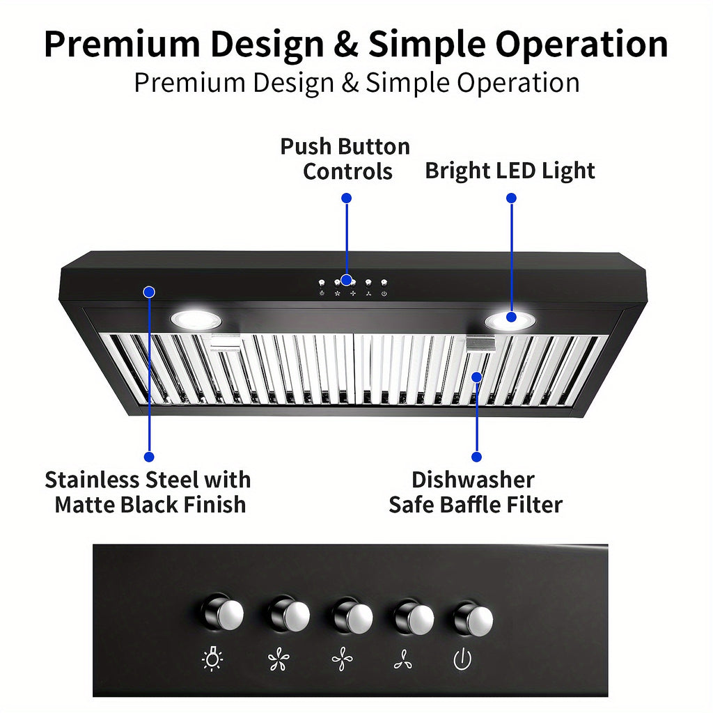 30-Inch Under Cabinet Range Hood with Three-Way Exhaust, Stainless Steel Construction with Baffle Filter, Designed for Kitchen Ventilation for Under-Cabinet Installation, Equipped with 3-Speed Exhaust Fan