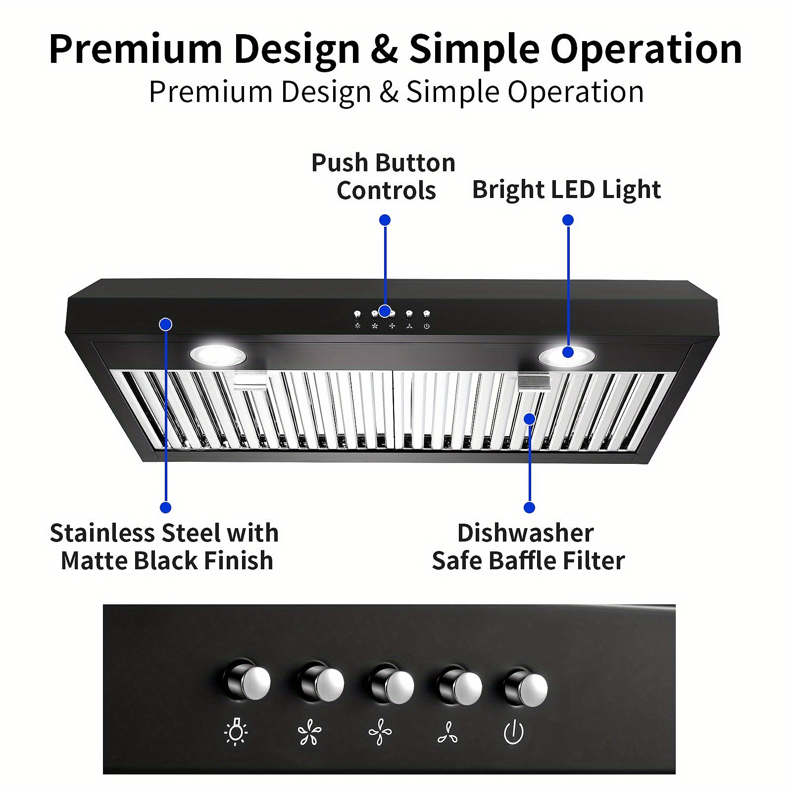 30-Inch Under Cabinet Range Hood with Three-Way Exhaust, Stainless Steel Construction with Baffle Filter, Designed for Kitchen Ventilation for Under-Cabinet Installation, Equipped with 3-Speed Exhaust Fan