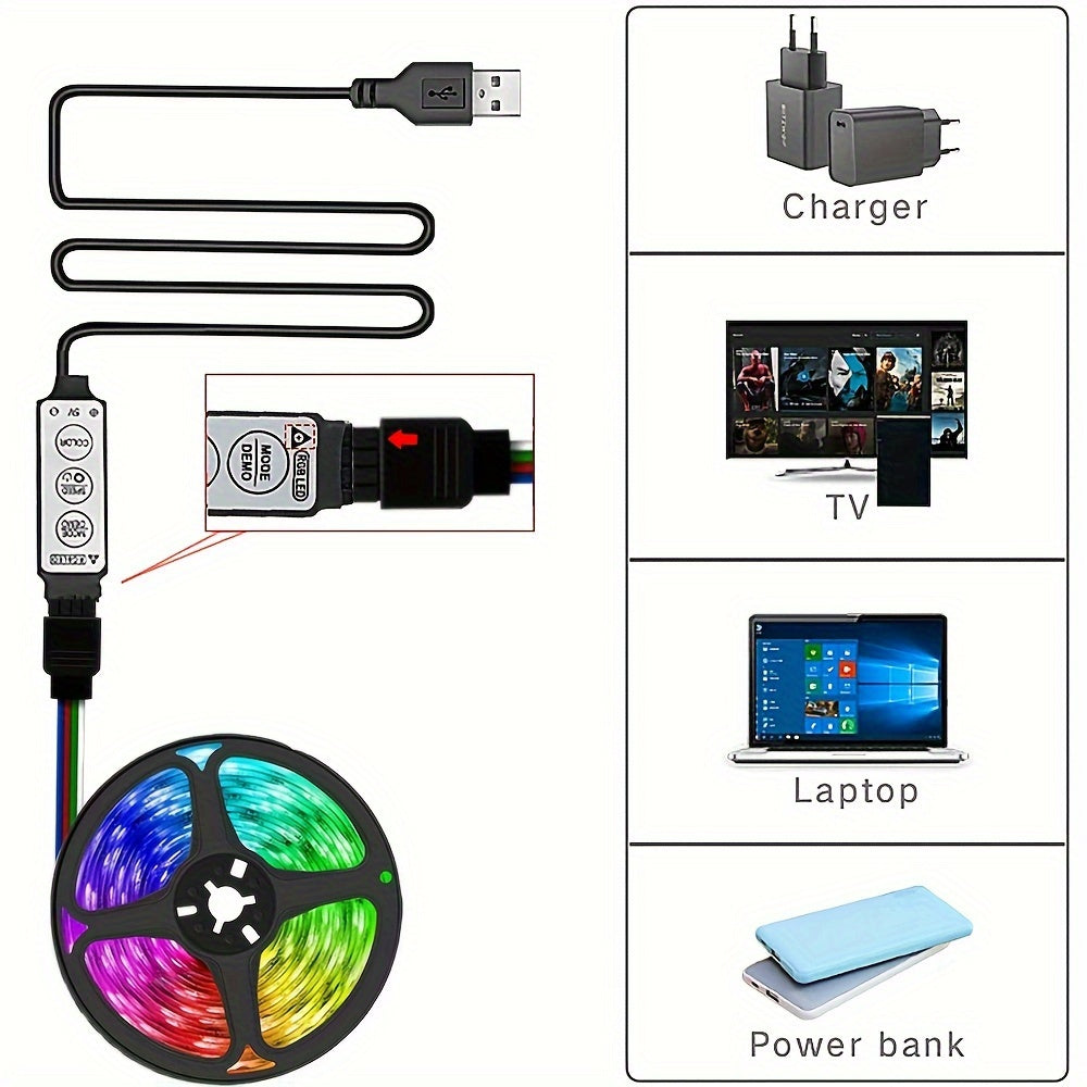 1组39.37英寸、78.74英寸、118.11英寸、196.85英寸，RGB 3键控制器LED灯条，USB供电，5V 5050SMD贴片灯，适用于家居装饰客厅卧室电视背景
