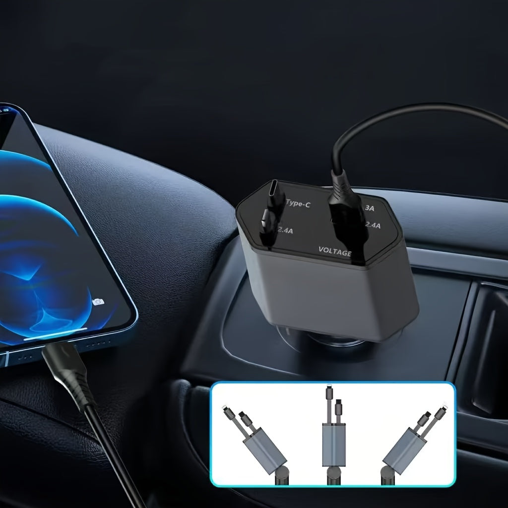 A 4-In-1 Fast Car Charger Adapter with 66W Quick Charging, Featuring 2 Retractable Phone Charging Cables (Type-C And Ios) And 2 Ports (USB-A And USB-C), Compatible with Iphone 16/15 Pro Max/14/13/Pro Max 12, a Must-Have for Vehicles.