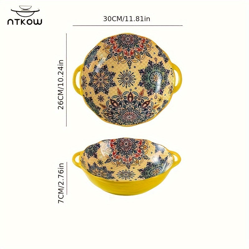 NTKOW 1 Piece Bohemian Style Large Soup Bowl / Soup Pot! Extra-Large Size with Double Ear Handles, Microwave Safe. Ideal for Family Soups or Gatherings. Suitable for Sea Shipping – Sturdy Design Ensures Transport Safety
