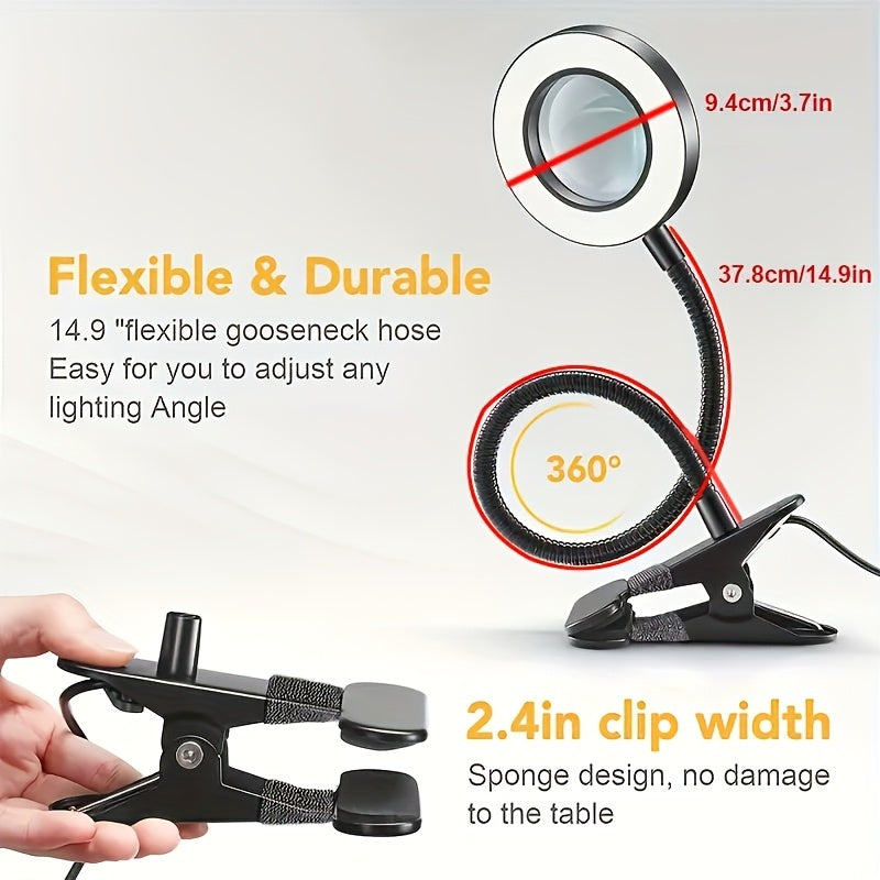 48 LED beads, diamond painting magnifying desk lamp with clip, 50cm adjustable gooseneck fill light, 3 color temperatures (cool white/neutral/warm yellow), 5-7W USB-powered craft light, 2-meter long cord, push-button switch, 9cm large lens