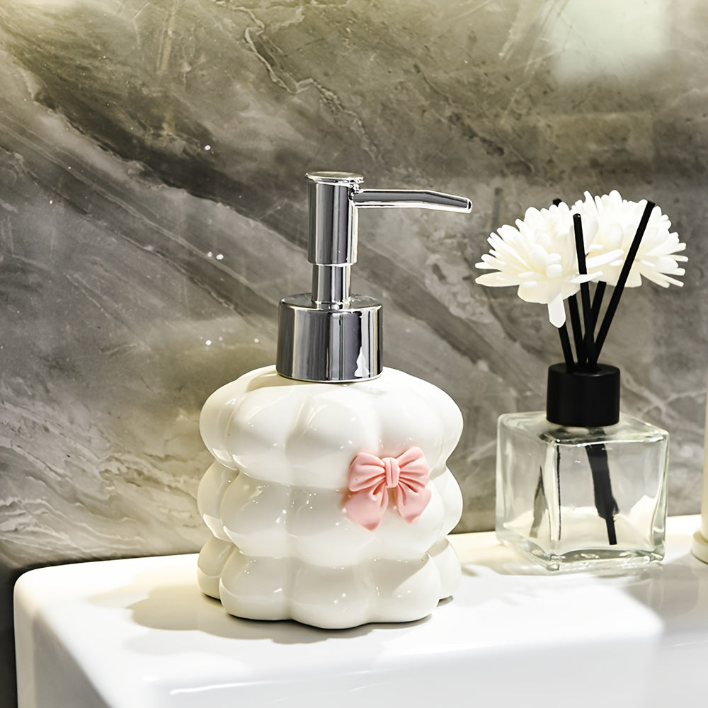 1 Ceramic Flower Design Soap Dispenser - Elegant Countertop Lotion & Shampoo Bottle, Refillable for Bathroom, 8.45oz, White with Pink Bow Accent, Perfect for Hand Soap or Body Wash, Bathroom Soap Dispenser