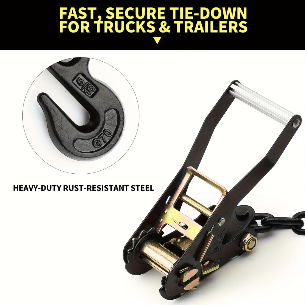 4-Pack Reflective Car Trailer Tie Down Straps - Tire Ratchet Straps with Chain Anchor Device - 2in x 8ft, 9900lb Break Strength - Lasso-Style Wheel Straps for Transporting ATVs, SUVs, Trucks