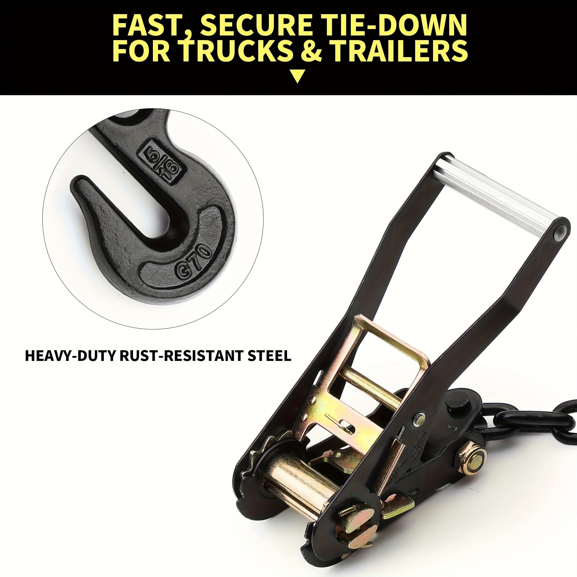 4-Pack Reflective Car Trailer Tie Down Straps - Tire Ratchet Straps with Chain Anchor Device - 2in x 8ft, 9900lb Break Strength - Lasso-Style Wheel Straps for Transporting ATVs, SUVs, Trucks