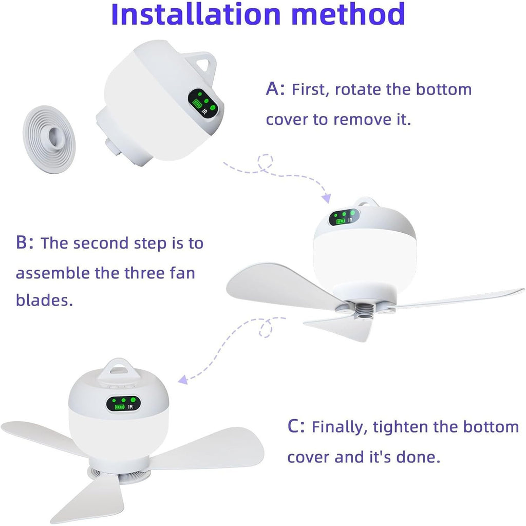 Small Portable Ceiling Fan with Remote, Rechargeable Mini Tent Camping Fan, 8000mAh Battery Powered Canopy Fan Light, Suitable for Pavilion, Umbrella, Patio, RV