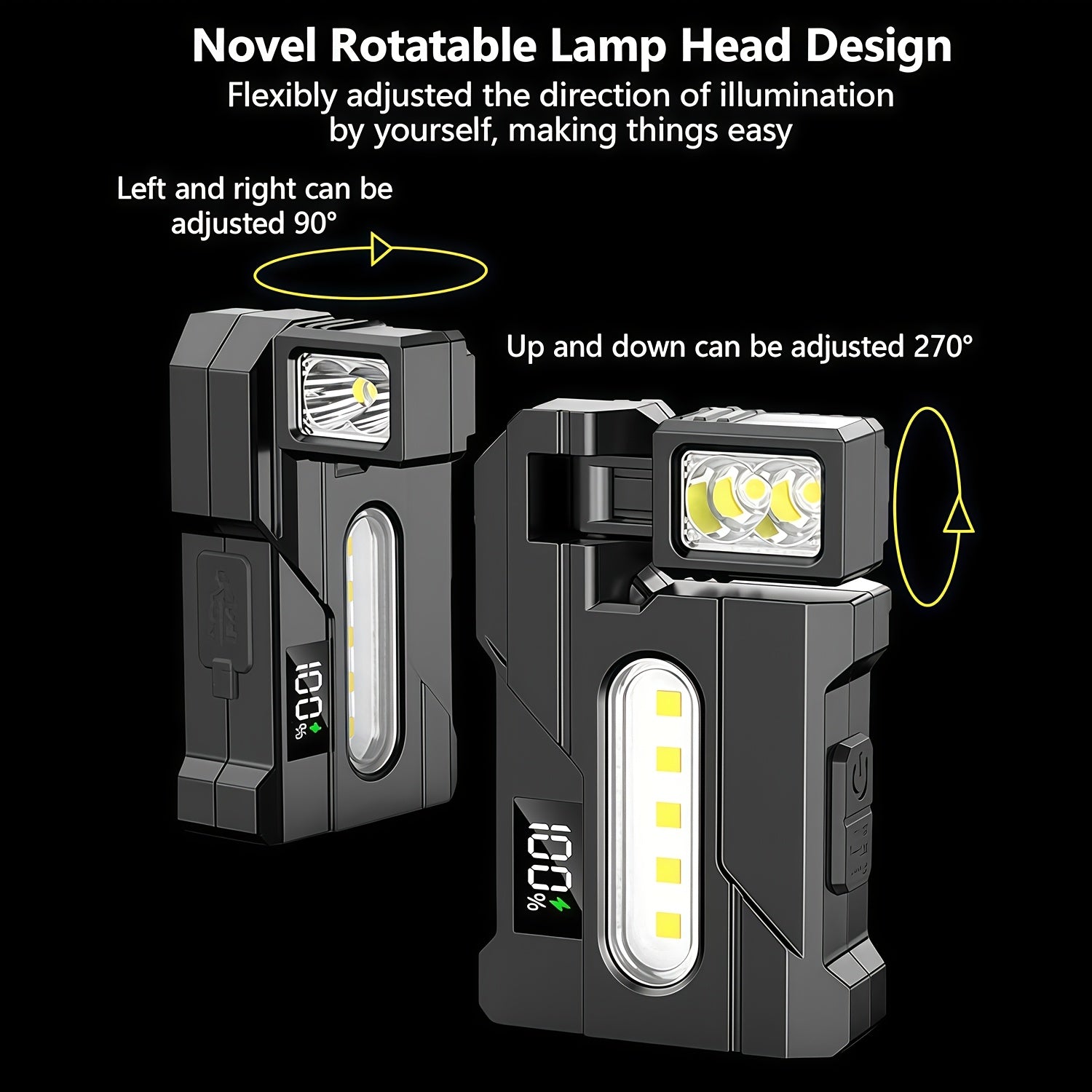 Rechargeable Flashlight with Rotating Head, Ultra-Bright Mini Flashlight, 1200mAh Portable Flat Pocket Flashlight with Magnetic Keychain
