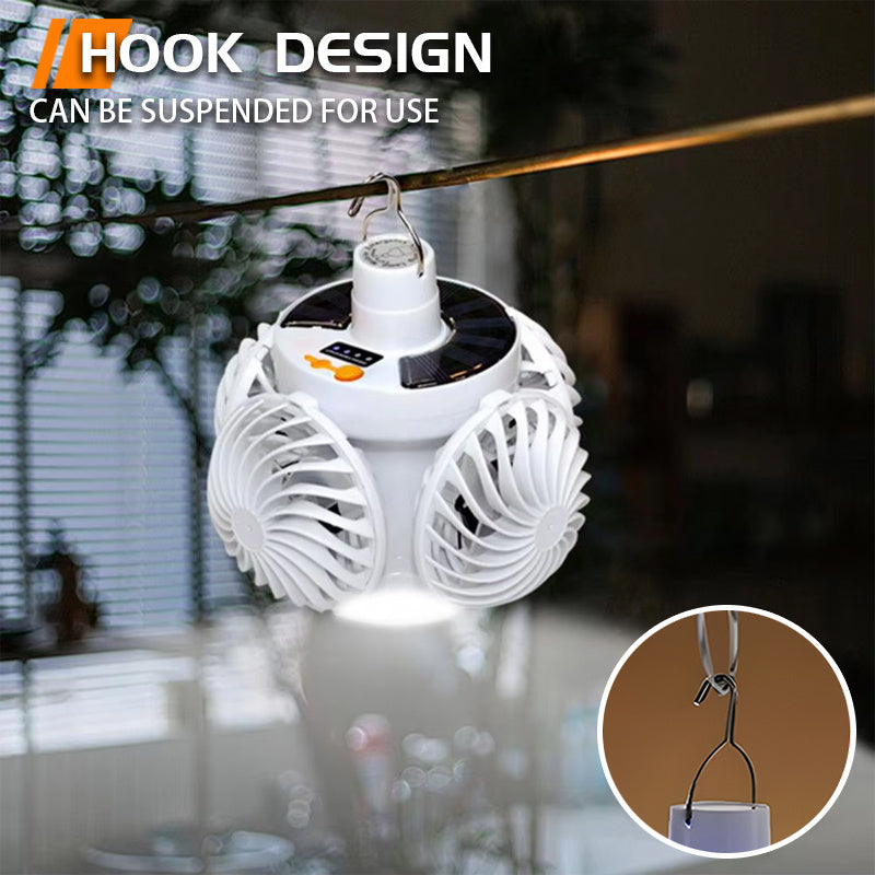 Solar Rechargeable Camping Light with Fan Function, Portable Foldable Flashlight, Hook Design, 3 Lighting Modes, Emergency Light for Night Fishing, Camping and Travel