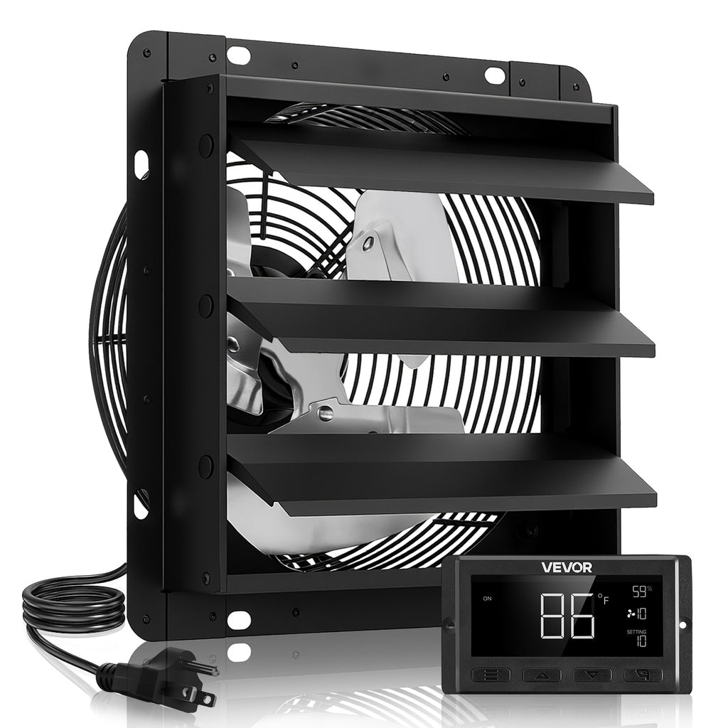 VEVOR 12"/14" Shutter Exhaust Fan, Wall-Mounted Attic Vent Fan, Smart Programmable Variable Speed Temp Control, EC Motor, Timer, for Shed/Garage/Greenhouse Ventilation Cooling, Black