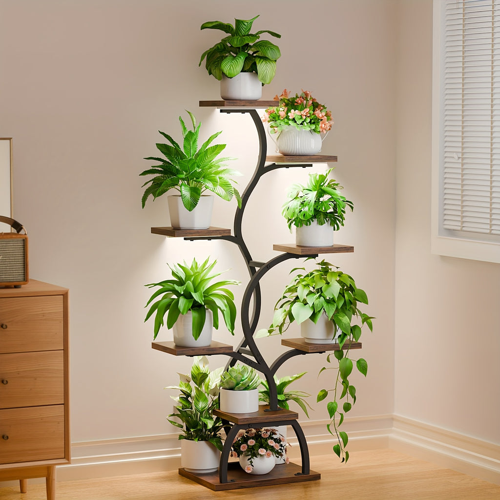 8-Tier Corner Plant Stand with Grow Light, 49 Inch Tall Single-Piece Indoor Metal Shelf, Multi-Functional Compact Display Rack for Plants Decorations Photo Frames
