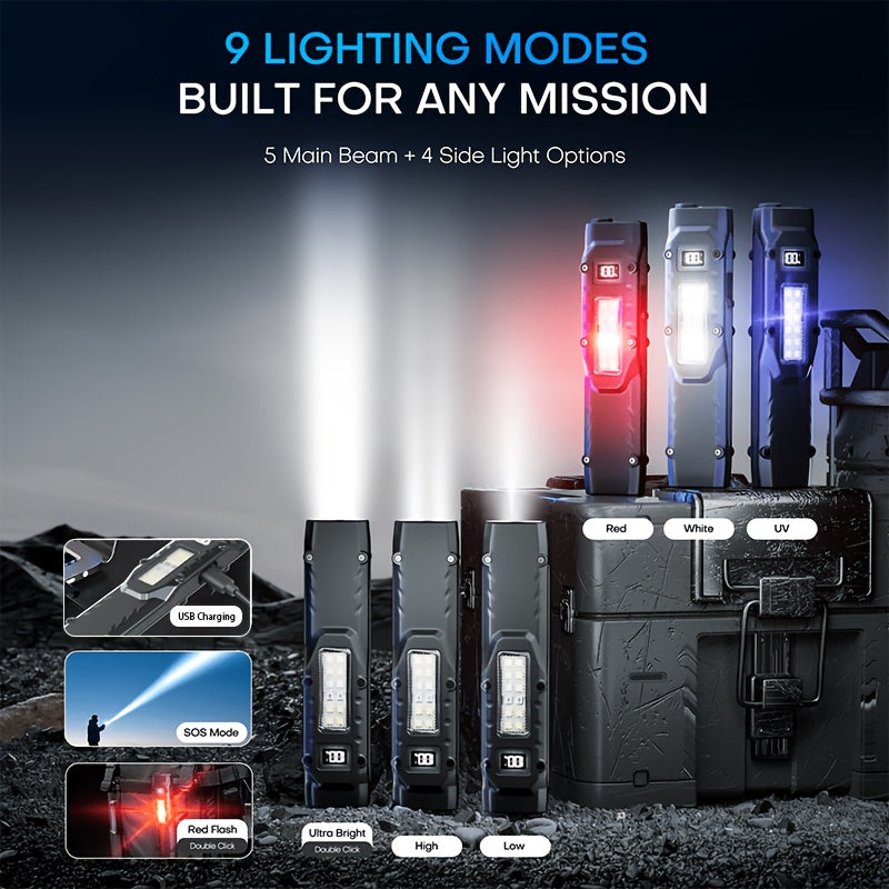 Clip-On Rechargeable Flashlight, Smart Digital Display Battery Level, Side Light & UV Mode, Long Press Strobe, Multi-Mode Dimmable, Compact Portable, Ideal for Home Workshop Daily Use
