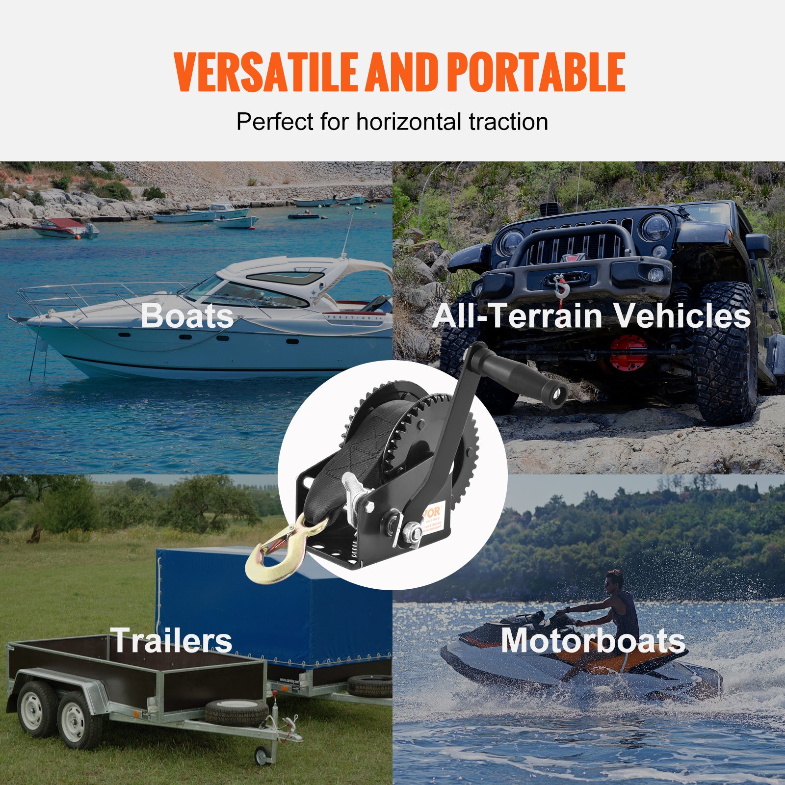 VEVOR Hand Winch, 1200/1600/2000/3500 lbs Pulling Capacity, Boat Trailer Winch with 23 ft Polyester Strap and Two-Way Ratchet, for Trailer, Boat or ATV Towing