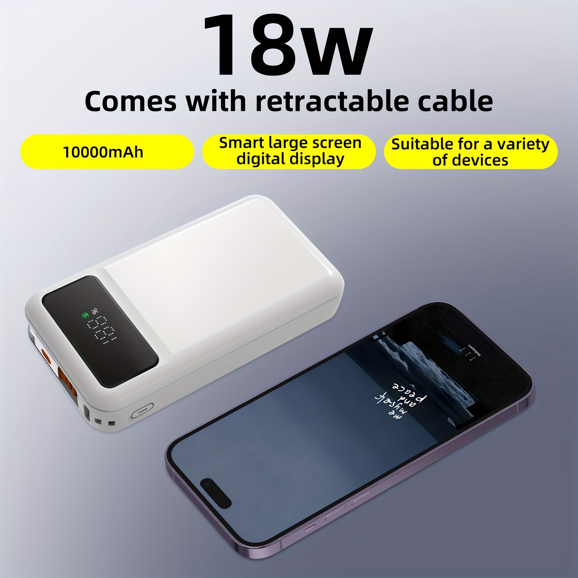 Portable Charger with 10000Mah Capacity, Features a Built-In 2.3-Foot Retractable Cable, Essential for Travel, Fast Charging Power Bank, USB C Battery Pack with LED Display.