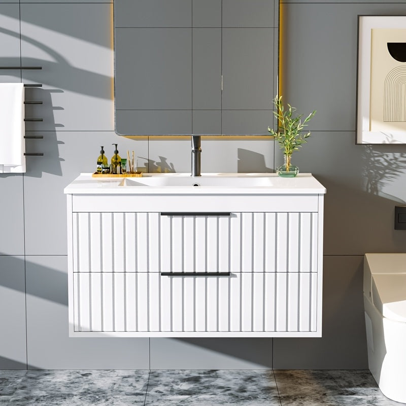 Bathroom Vanity with Sink - Wall Mount Floating Basin Cabinet, Soft-Close 2 Large Drawers, Modern Textured Stripe Design, Hidden Damping Drawers
