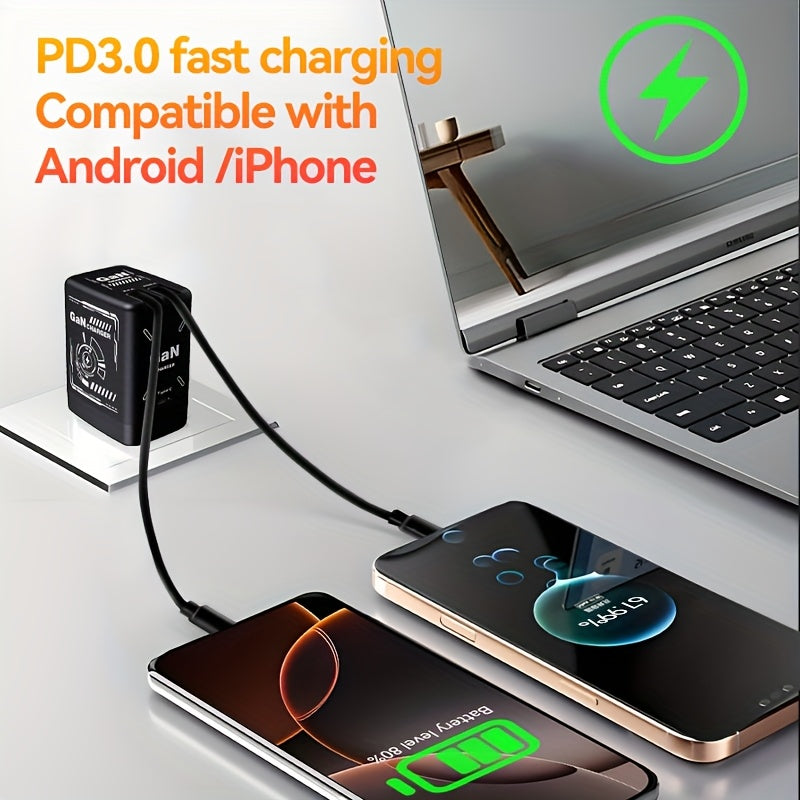 PD3.0 Rapid Charging 35W Gan 3-In-1 - Includes 2 Retractable 47.24inch Cables And 1 Type-C Port, a Versatile Fast Charging Plug Compatible with Multiple Fast Charge Devices, Compact And Portable, Featuring Dual Charging Cables of 47.24inch