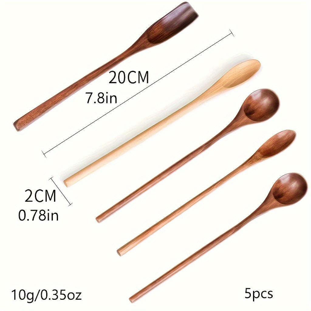 5 Long Handle Coffee Spoons, Wooden 7.8-Inch Coffee Spoons, Long Handle Stirring Spoons, Tea Spoons, Ice Cream Spoons – Unique Style Long Handle Spoons, Premium Wood – Ideal for Stirring – Perfect for Wedding Gift Baskets