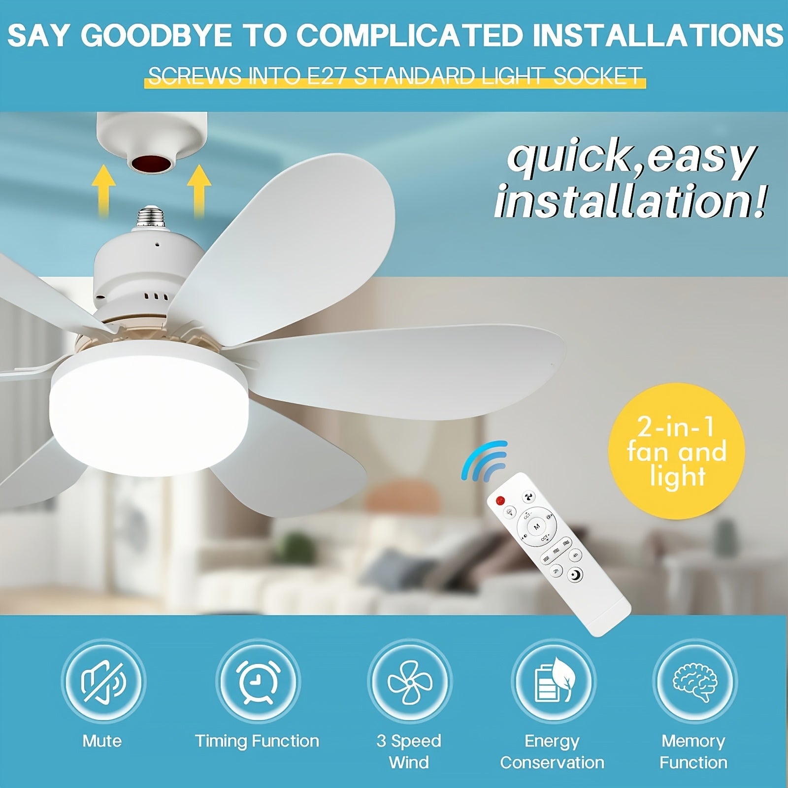 20.5/16.5 Inch Smart LED Ceiling Fan Light, Multicolor & White Light with Remote, 3 Color Temperatures (3000K-6500K) Dimmable, Quiet 3-Speed, Easy Installation, E26/E27 Interface, Modern Ceiling Fan Lamp, 40W for Bedroom Kitchen Garage Workshop