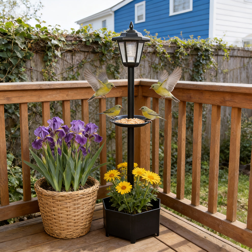 1-Piece 26.5in23in90.5in Solar Decorative Ambient Light Bird Feeder, Outdoor Courtyard Landscape Lighting Device with Bottom Planting Flower Pot, IP44