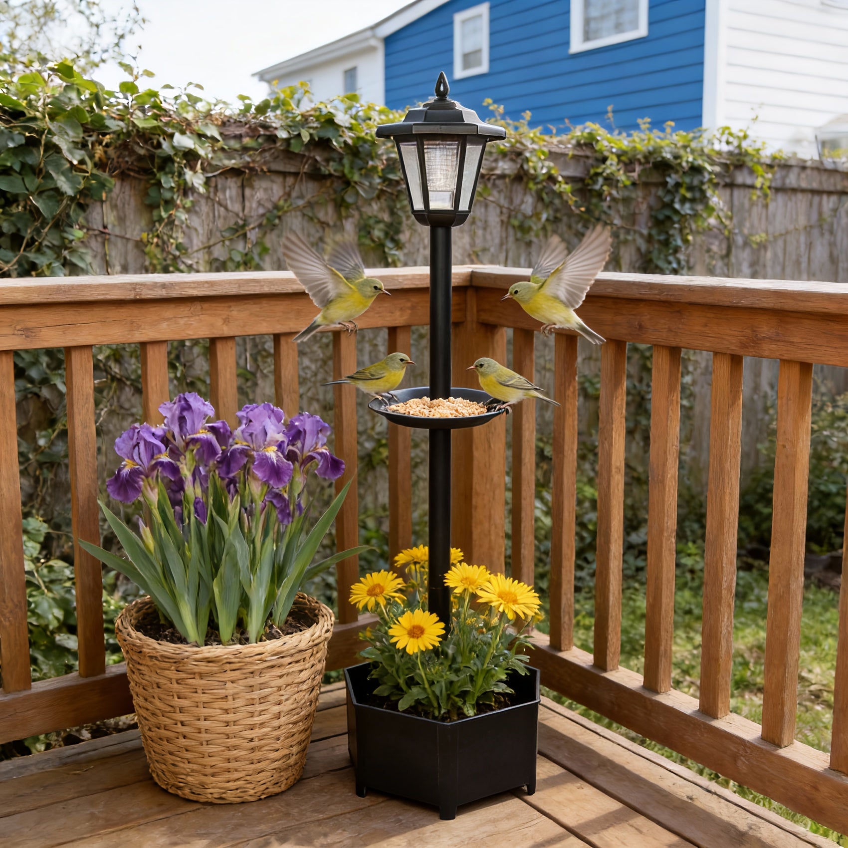 1-Piece 26.5in23in90.5in Solar Decorative Ambient Light Bird Feeder, Outdoor Courtyard Landscape Lighting Device with Bottom Planting Flower Pot, IP44