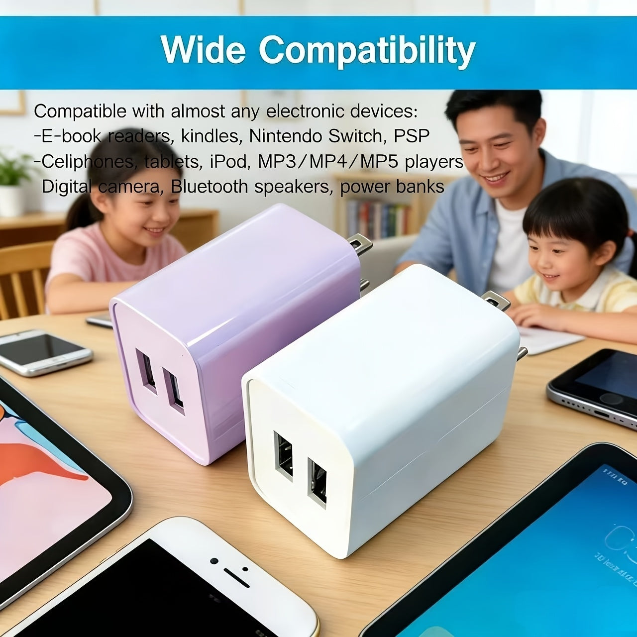 Dual Port Charger with 5V2A Output, Includes a 10 USB Wall Charger, Comes in a 2-Pack USB Adapter, Compatible with for Ipad And Iphone Models 15 Through 5, As Well As Samsung Galaxy S Series, LG, HTC, Moto, Kindle