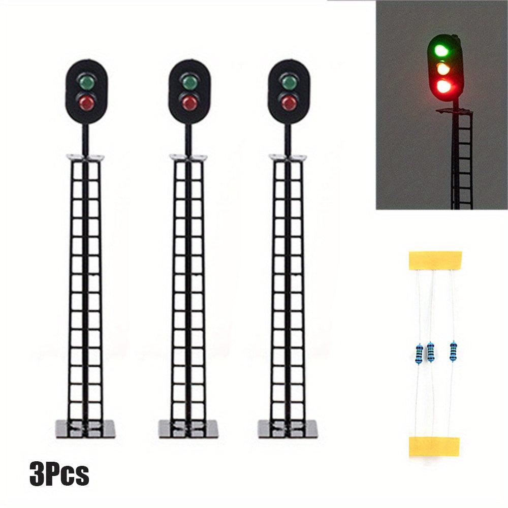 3-Pack HO Scale 1:87 12V Railway Track Signal Light, Green Red Yellow Square LED Traffic Light, 2-Light 3-Light Layout