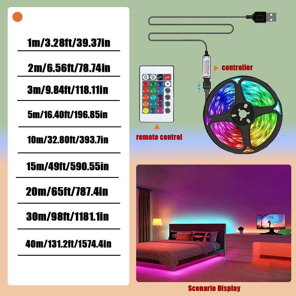 RGB 5050 LED灯带配24键控制器，变色发光LED灯串，39.37英寸至1574.8英寸LED灯带，适用于卧室、厨房、电视背景墙及节日装饰（圣诞节、万圣节、生日）
