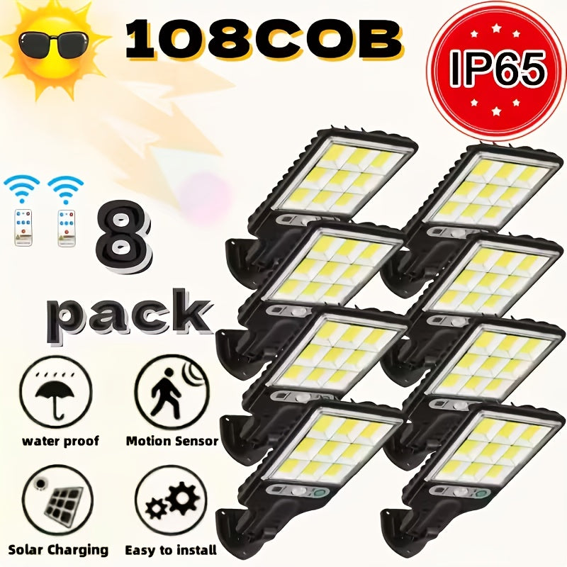 8/4 Pack Solar Street Light with PIR Motion Sensor, IP65 Protection Rating, 108 COB LED Security Wall Light with Remote Control, 3 Modes, Solar Searchlight Perfect for Garden, Courtyard, Porch, Garage Lighting