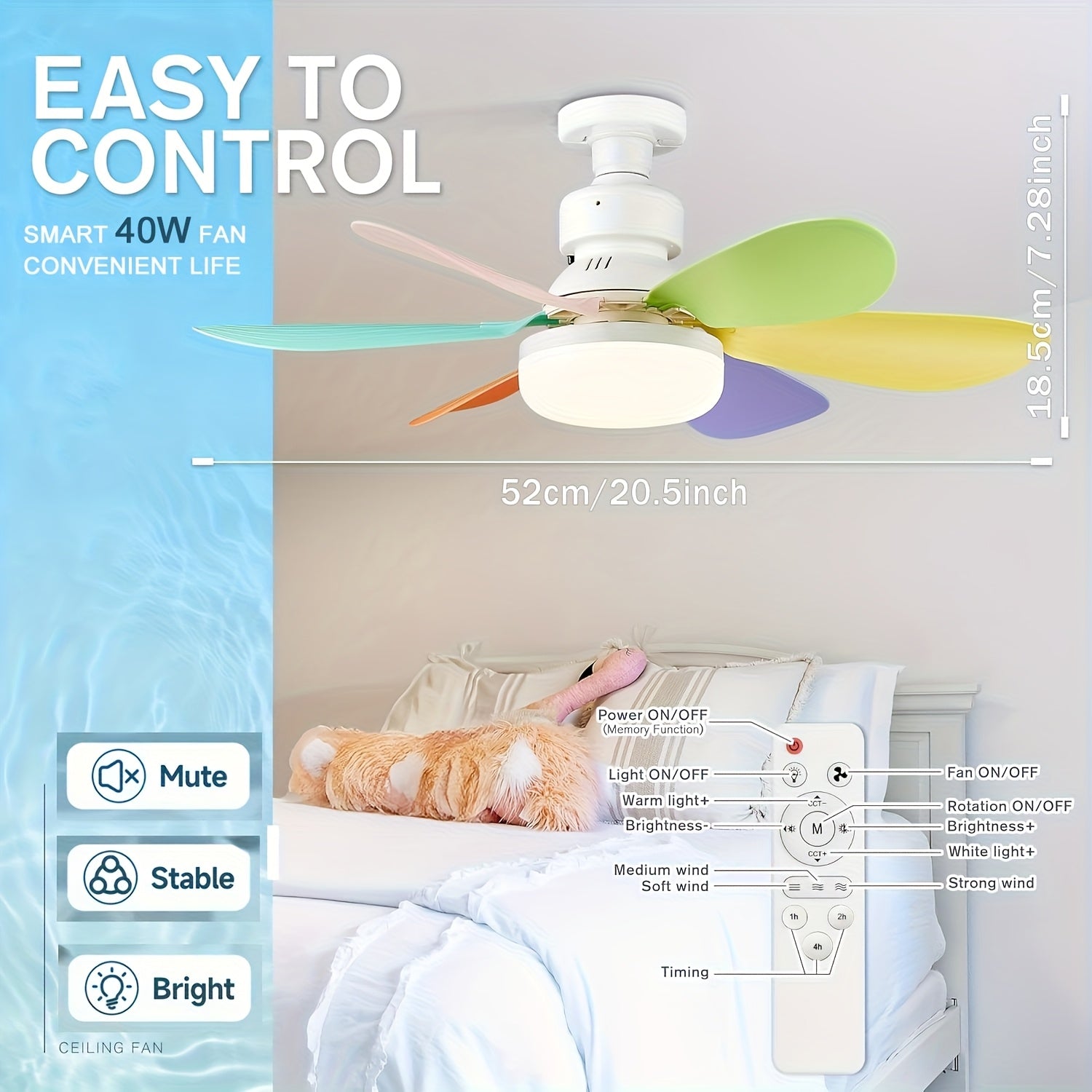 1pc Modern Remote Ceiling Fan Light, 3000K-6500K Dimmable Color Changing, Quiet E26/E27 Easy Install, Small Base Bulb Replacement, for Bedroom Kitchen Living Room