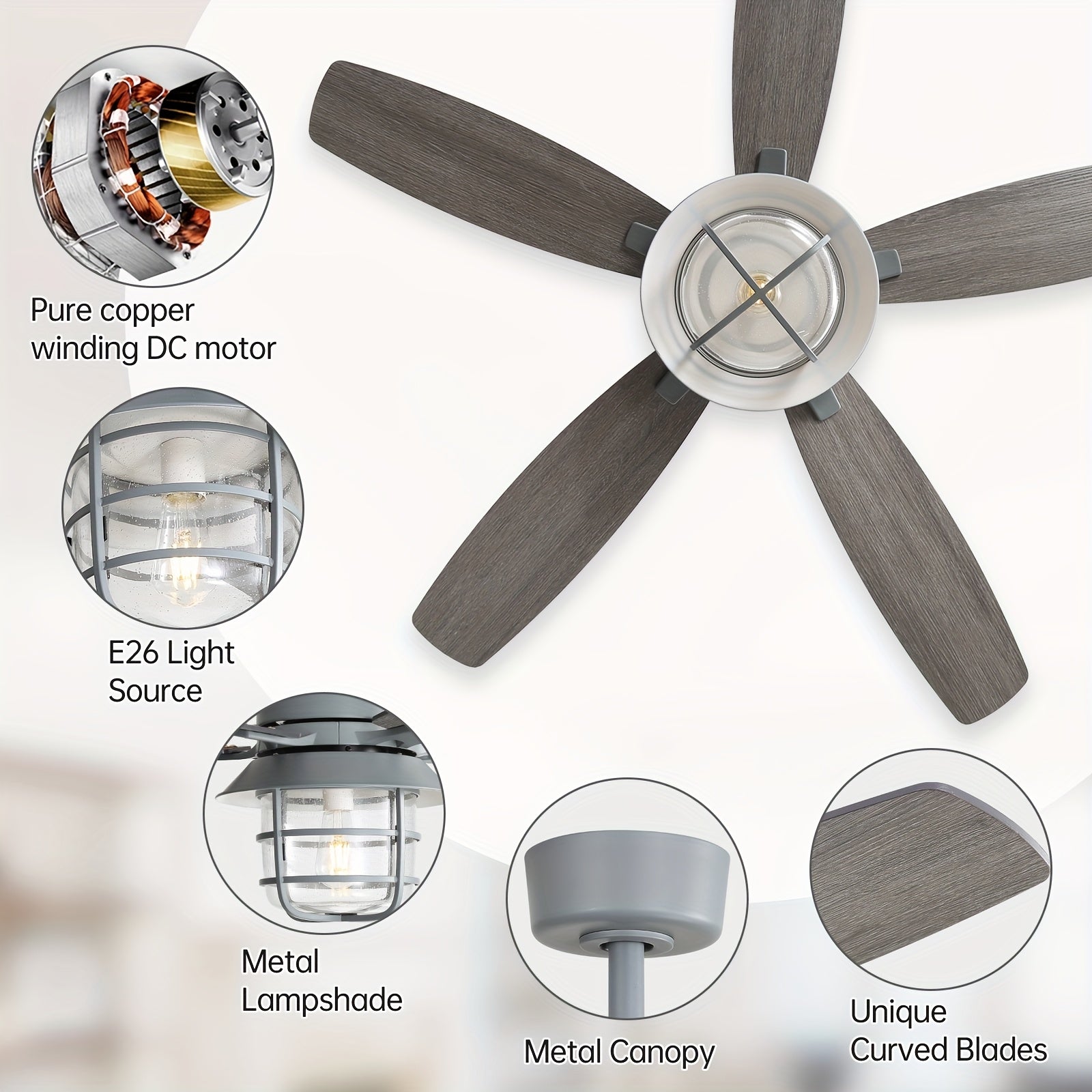 Sofucor 52" Ceiling Fan with Light, 5 Blades, Glass Lampshade, Remote Control, E26 Bulb Included, Quiet Operation, Dimmable, Large DC Motor Ceiling Fan