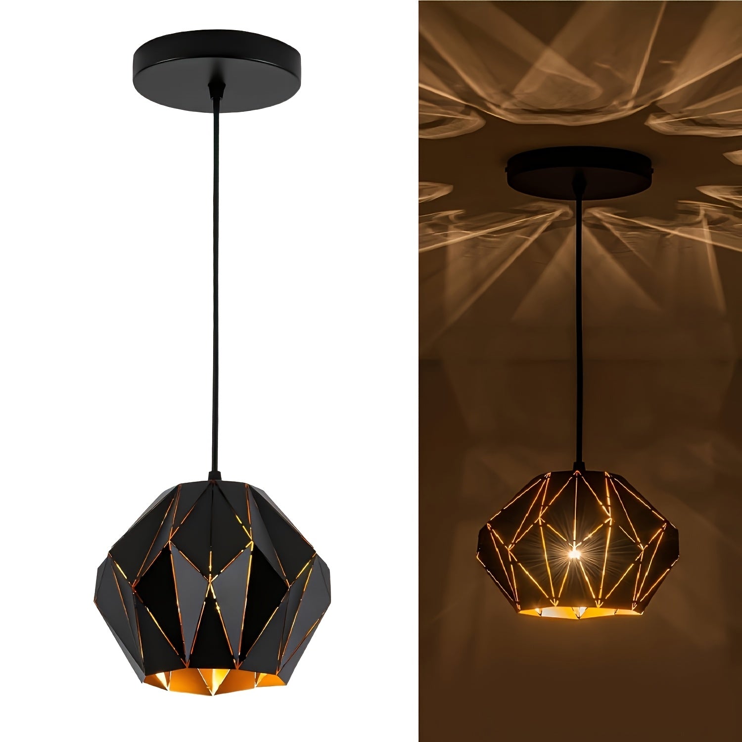 Industrial Pendant Light Kitchen Island, Black Pendant Lighting Fixture Chandelier, with Metal Geometric Diamond Shade, Ceiling Vintage Pendant Light, for Dining Room Living Room Bedroom Modern Light Fixture Ceiling