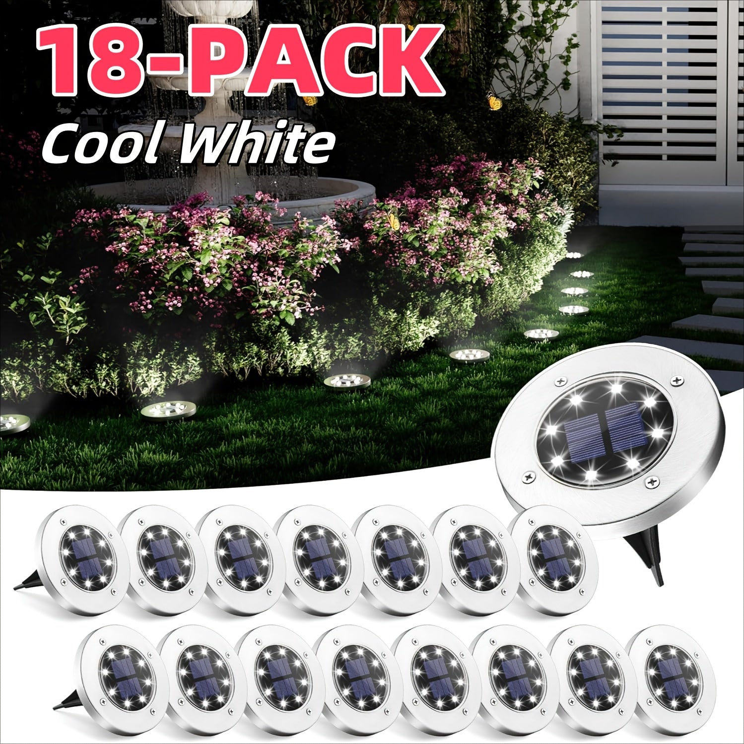 18/10/6-Pack Solar Ground Light, Outdoor Waterproof Solar Light, 8-LED Solar Landscape Light, Suitable for Garden, Courtyard, Patio, Path, Driveway, Walkway (Cool White Light)