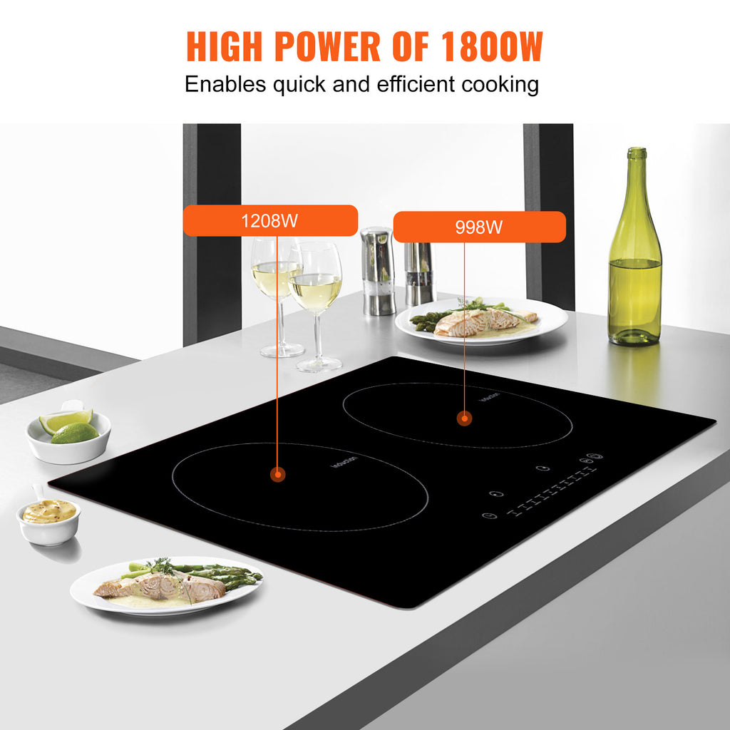 VEVOR Induction Cooktop, 2 Burners, 24-Inch Induction Stove, Built-In Magnetic Stove, 1800W, 9-Level Multi-Function Burner, LED Touch Screen, with Child Lock & Over-Temperature Protection